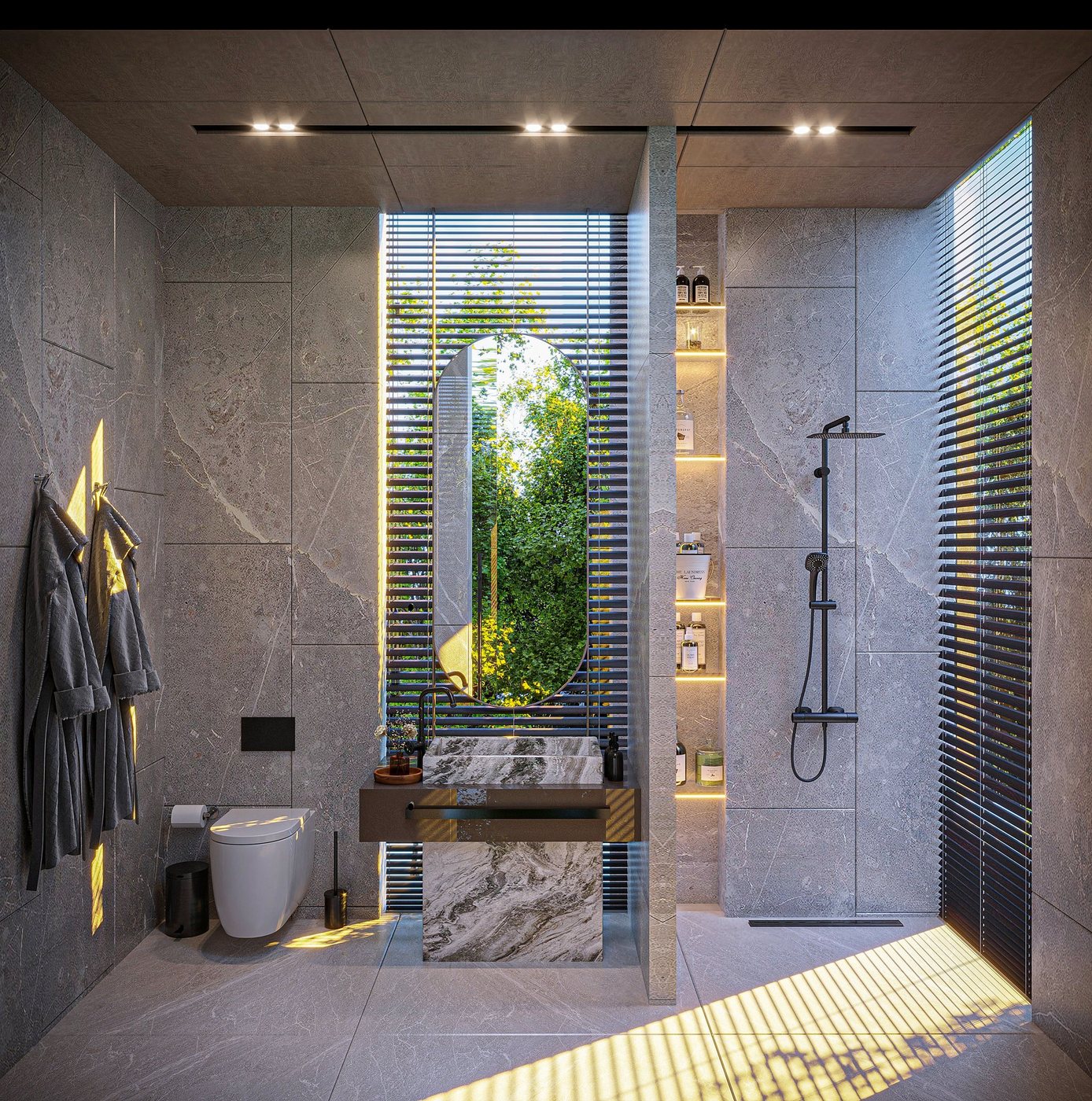 Stone bathroom with walk-in rain shower and vertical garden — Casa Palmera Bali