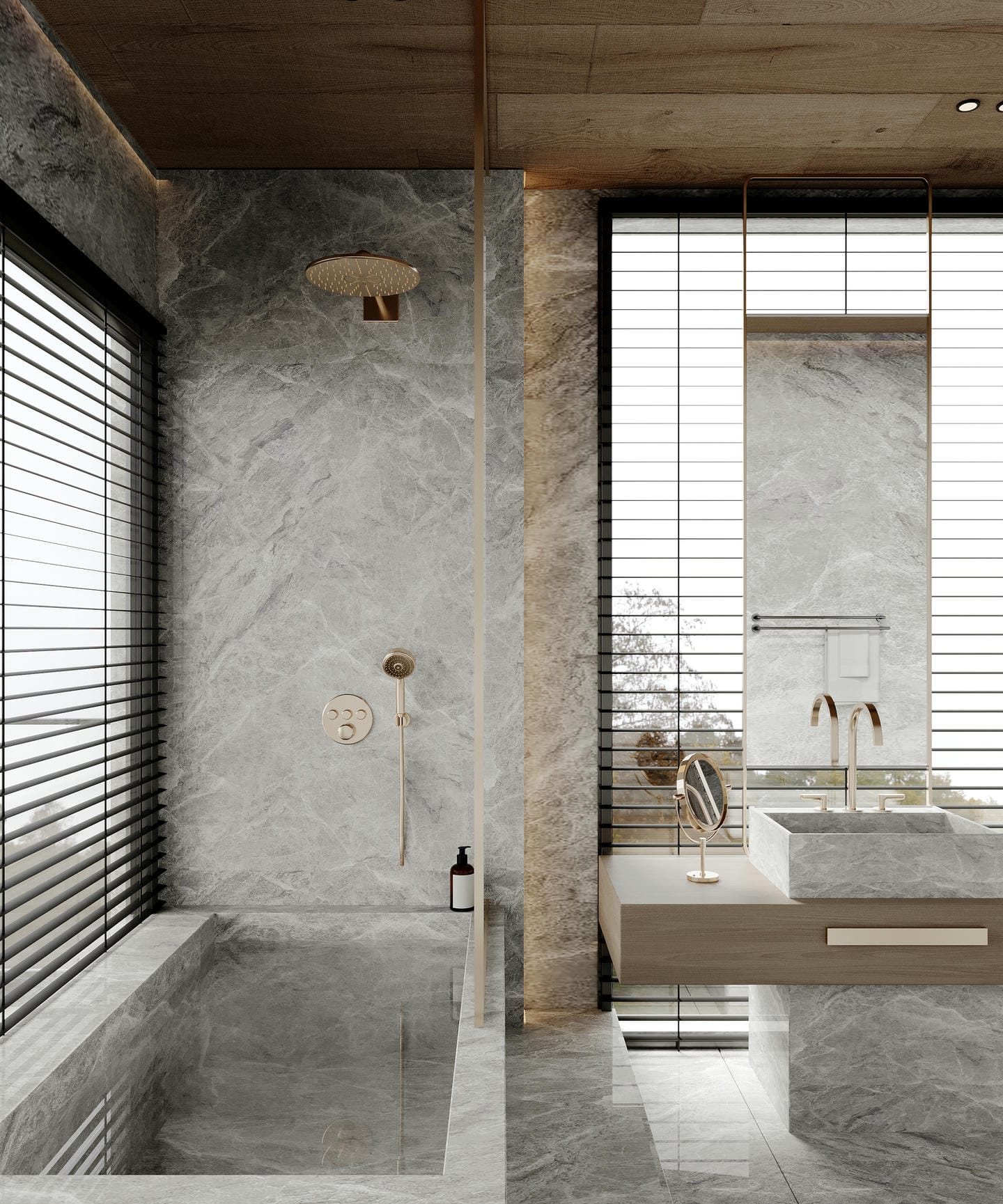 Master bathroom with stone bath and walk-in shower — luxury villa Seseh Bali