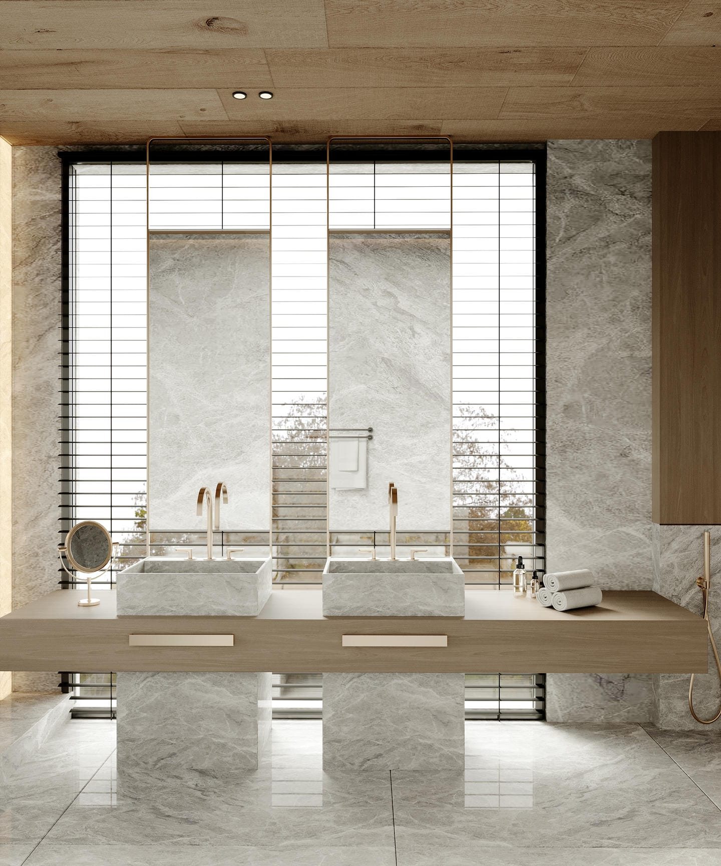 Double stone vanity with brass fittings in master bathroom — Casa Palmera Bali