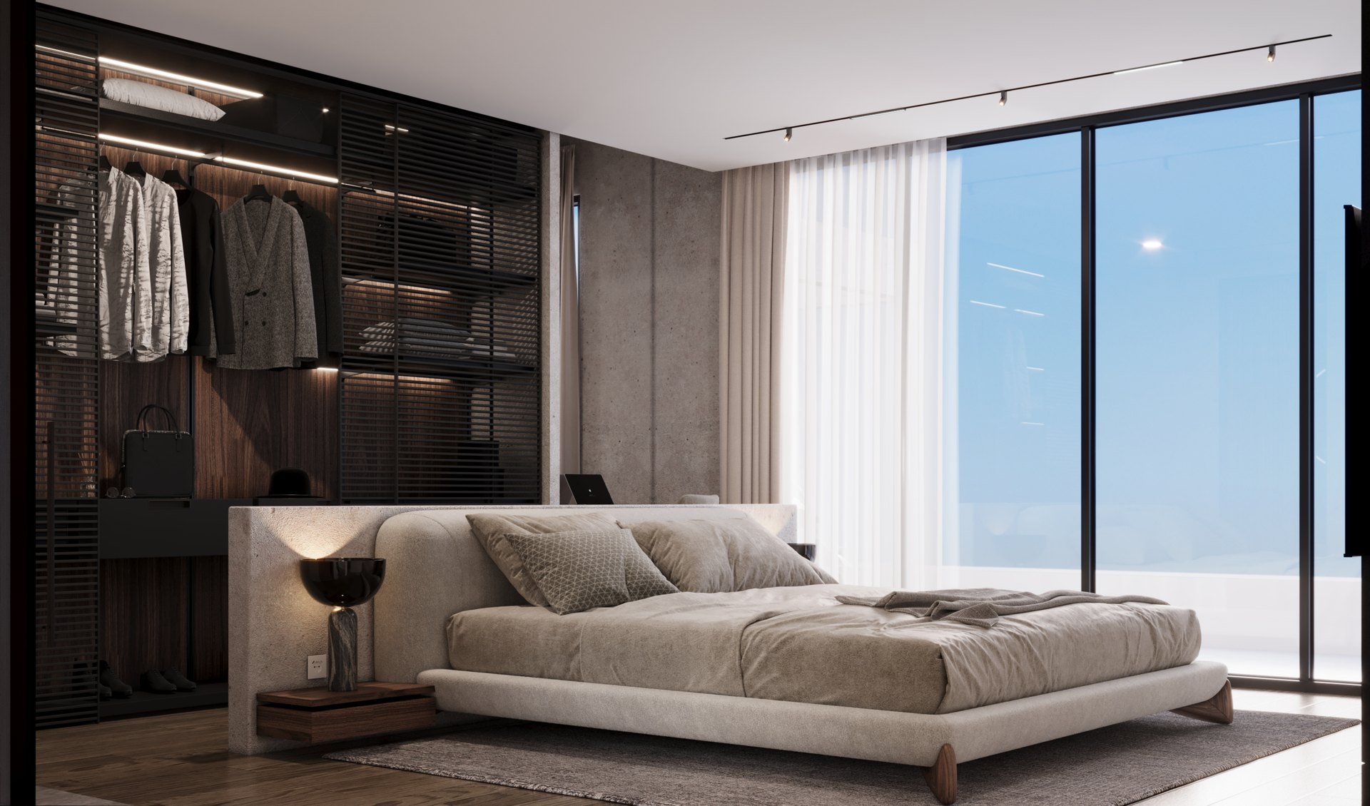 Bedroom with floor-to-ceiling windows and ocean light — beachfront villa Bali