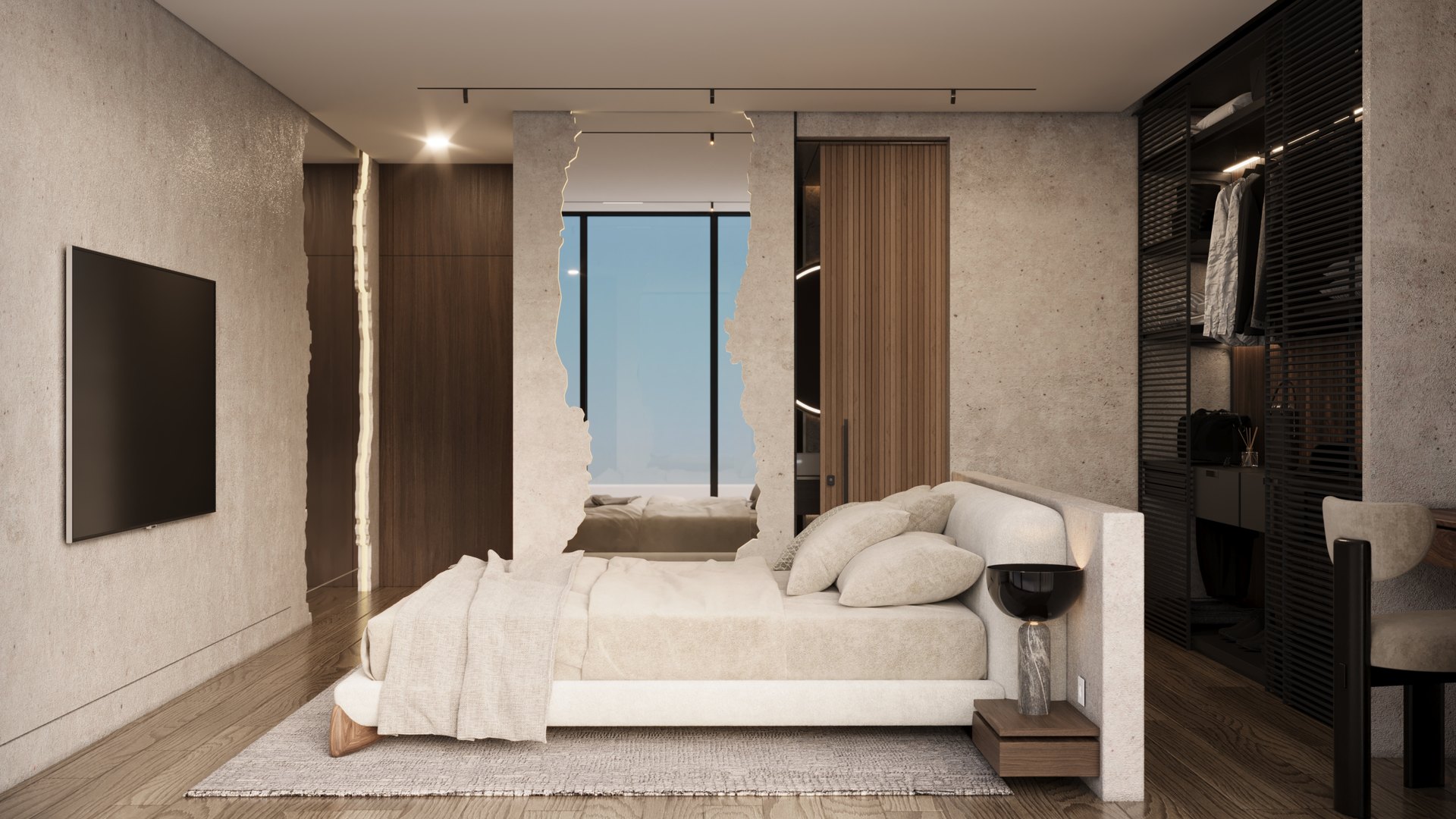 Bedroom with stone feature wall and walk-in dressing area — Casa Palmera Bali