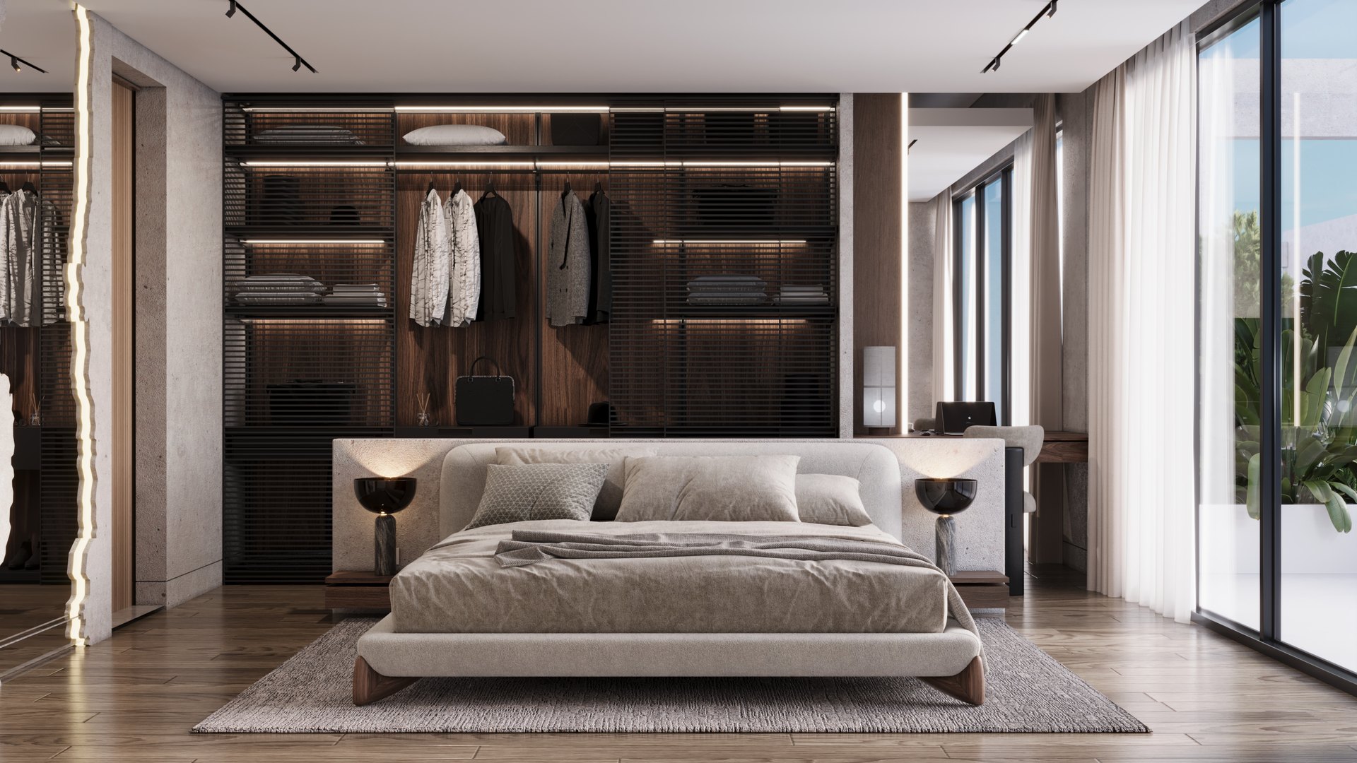 Bedroom with walnut wardrobe wall and garden view — luxury villa Seseh Bali