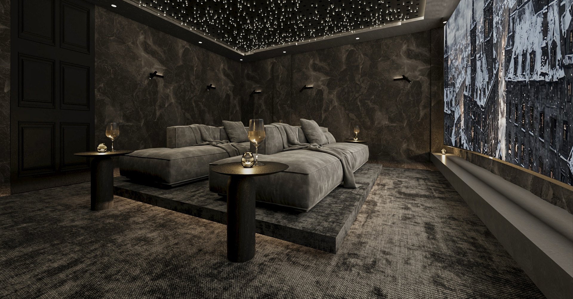 Private cinema room with marble walls and modular seating — Casa Palmera Seseh Bali