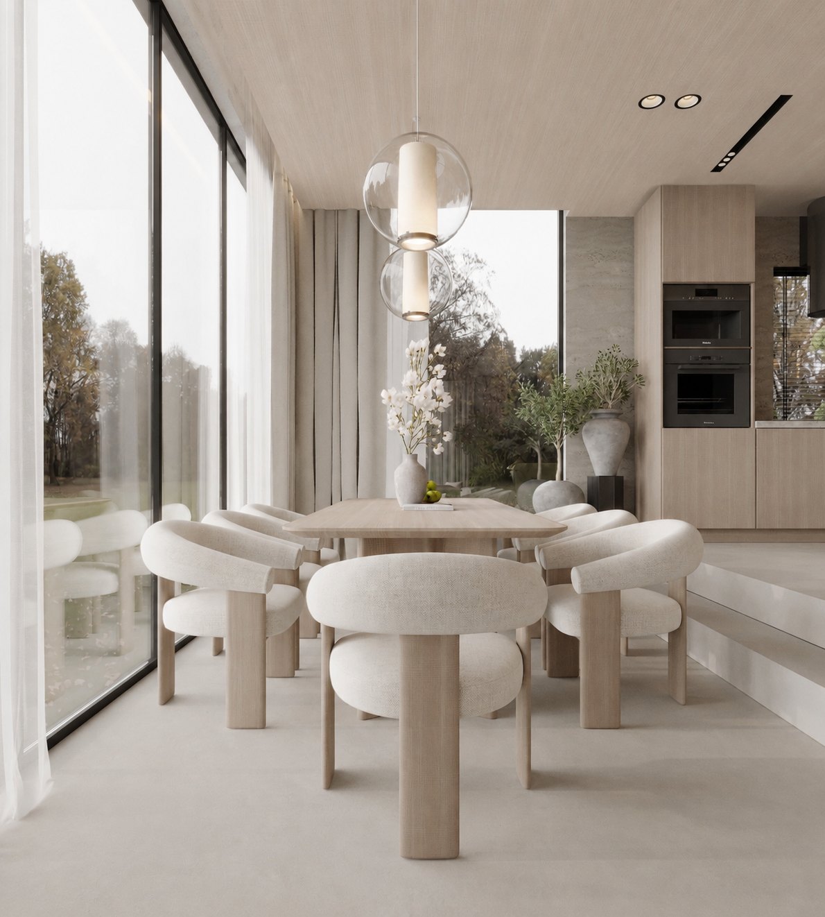 Dining area with sculptural table and floor-to-ceiling windows — Casa Palmera Bali