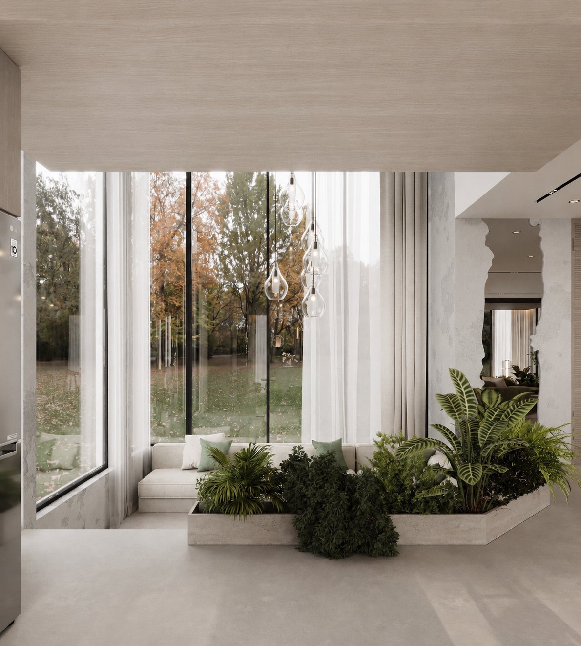 Indoor garden lounge with tropical planting — beachfront villa Seseh Bali