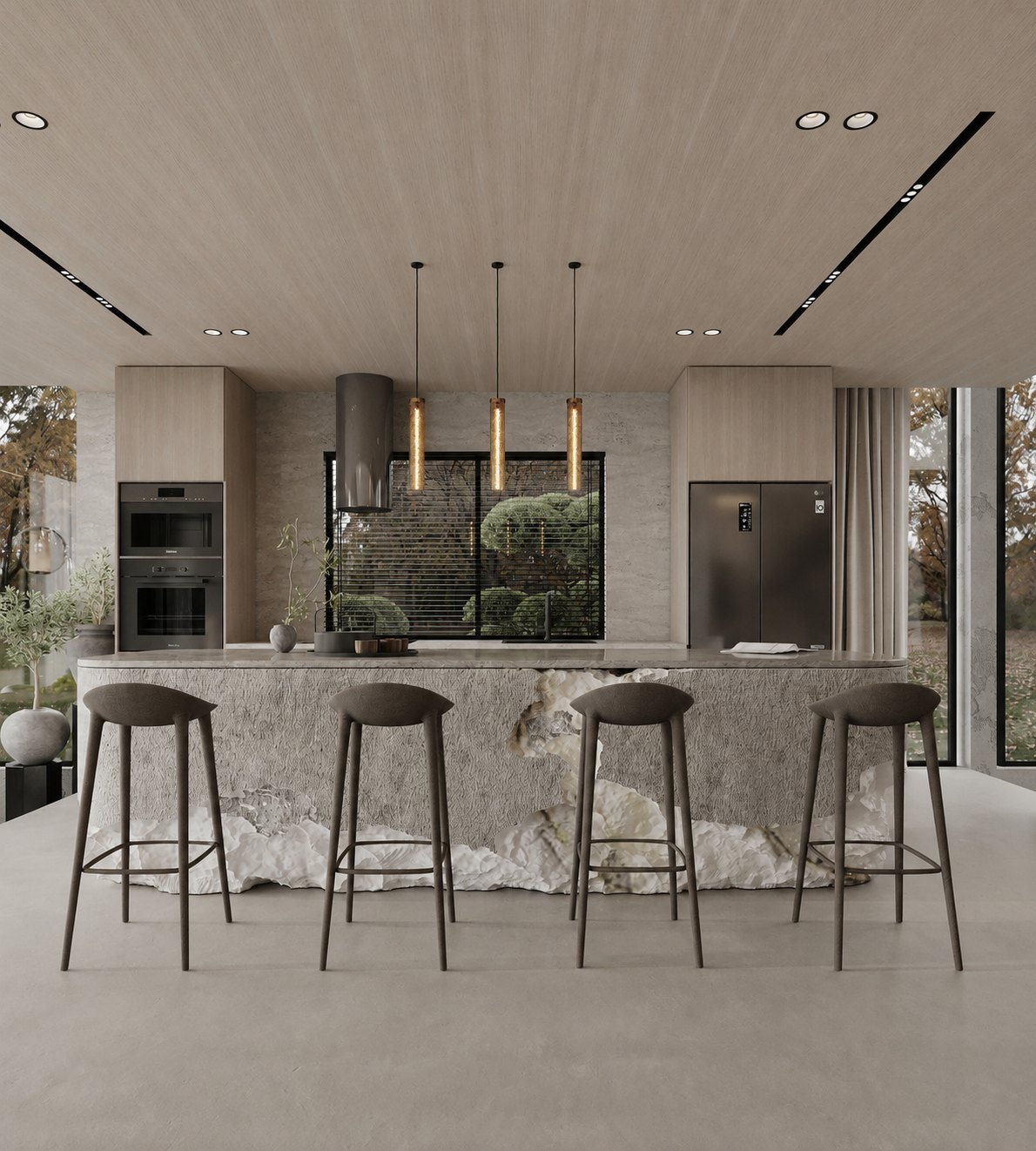 Designer kitchen with stone island and bar seating — luxury villa Bali