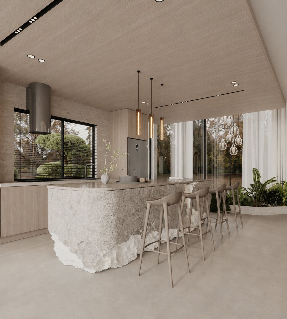 Kitchen with natural stone island and garden-facing windows — Seseh Bali