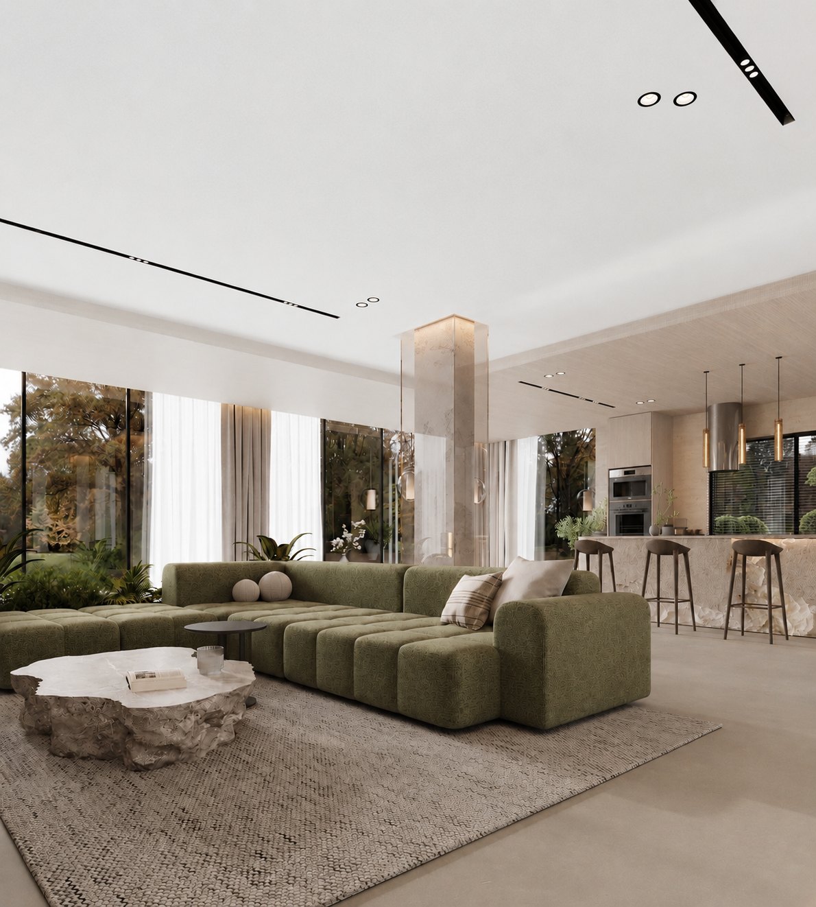 Open-plan living and kitchen with garden view — luxury villa Seseh Bali
