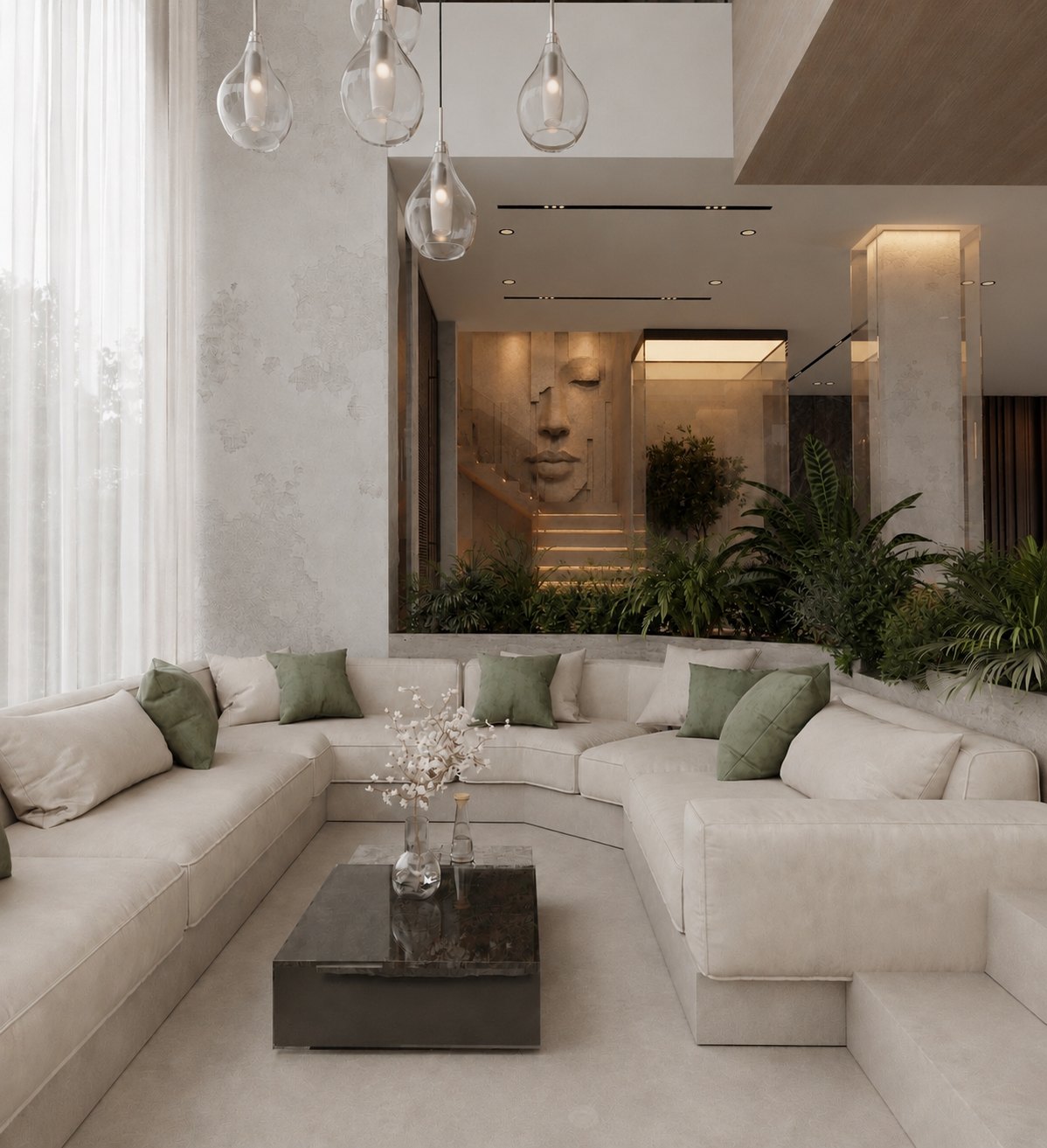 Living room with curved sectional sofa and sculptural feature wall — Casa Palmera Bali