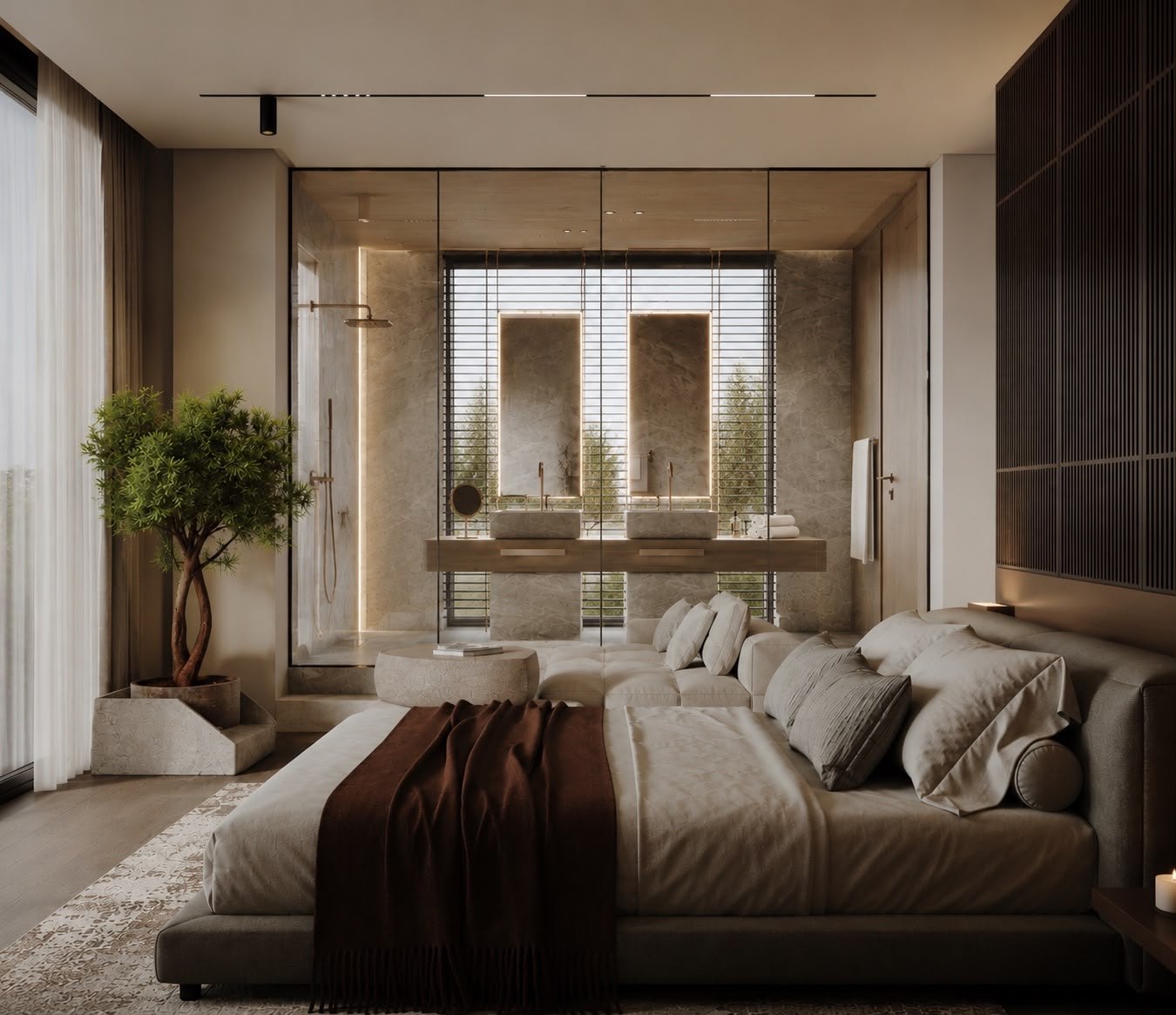 Master suite with open ensuite bathroom and stone vanity — Casa Palmera Bali