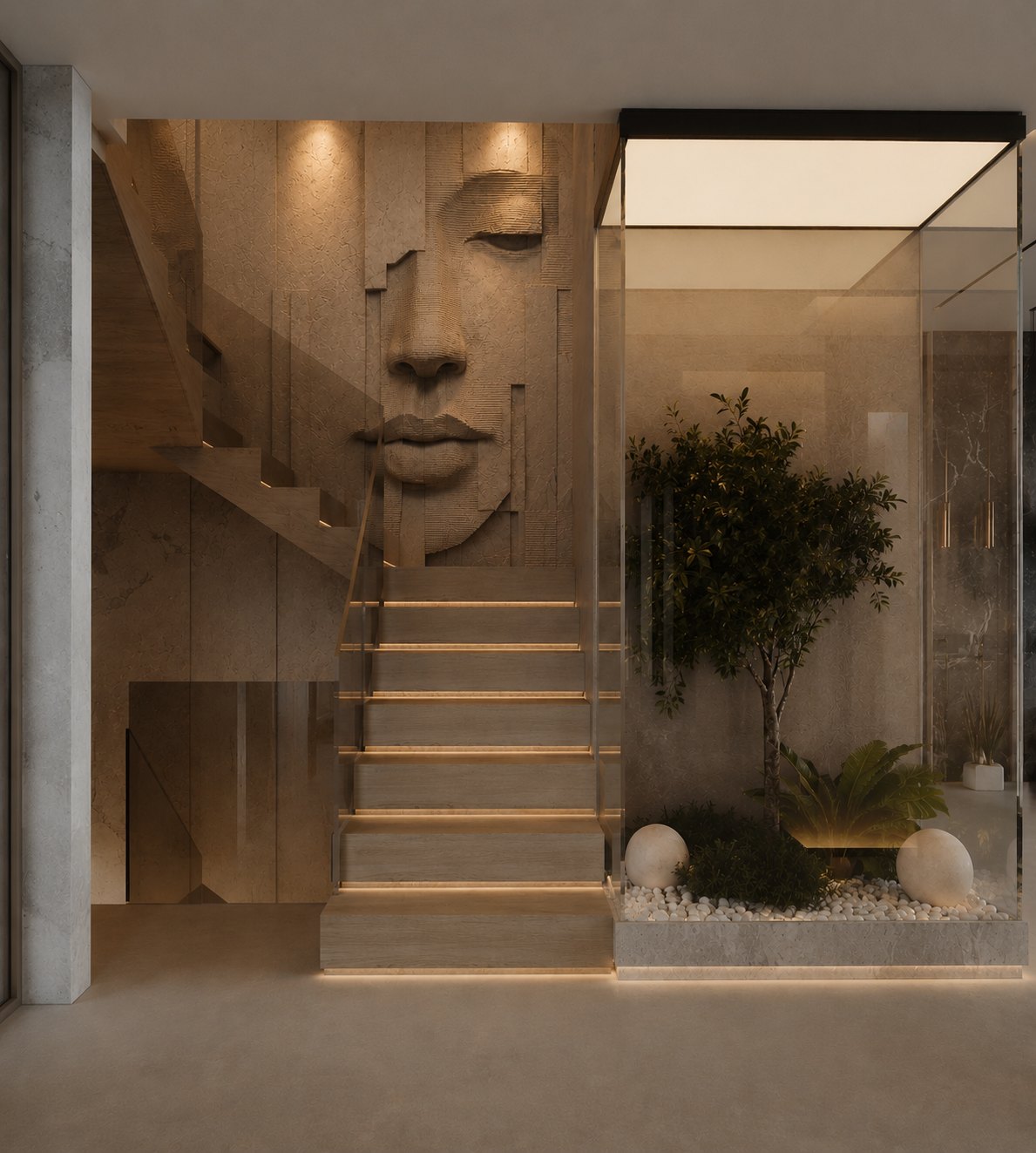 Sculptural carved face wall and lit staircase — luxury villa Seseh Bali